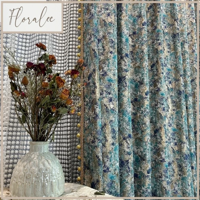 Customized Blue Gold Line Oil Painting Jacquard Retro Thickened Blackout Curtains For Living Room Bedroom French Window Balcony