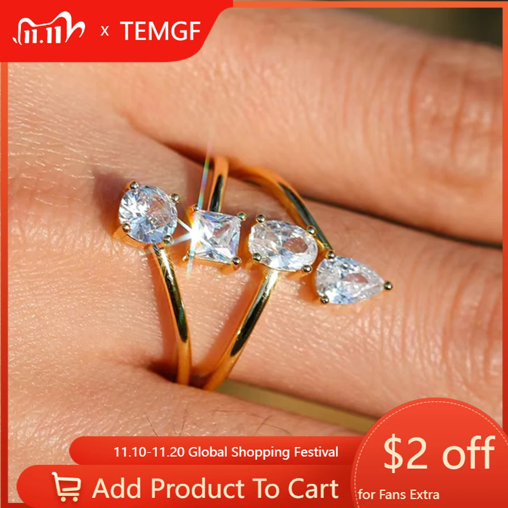 

Женское кольцо с муассанитом TEMGF, серебряное кольцо 925 пробы, золото 18 карат, открытое кольцо, разноцветное D, вечерние блестящие украшения с сертификацией