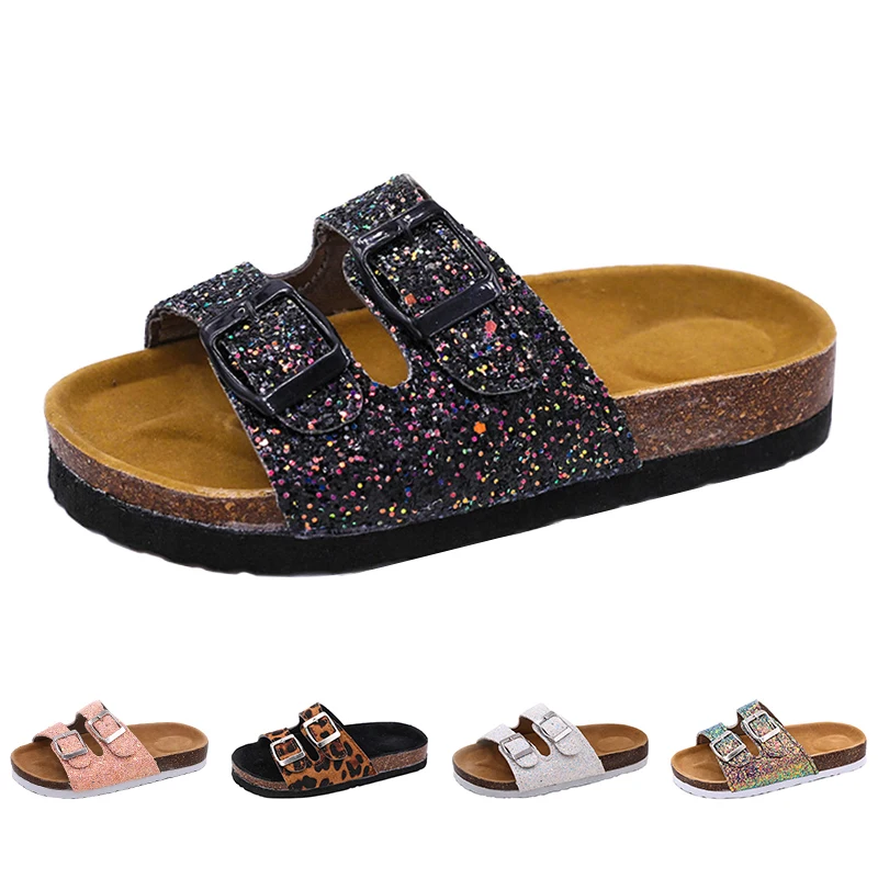 2019 New Kids Slippers Summer Beach Children Cork Sandals Bling Sequins For Family Shoes Leopard Barefoot Flats Girls Slipper