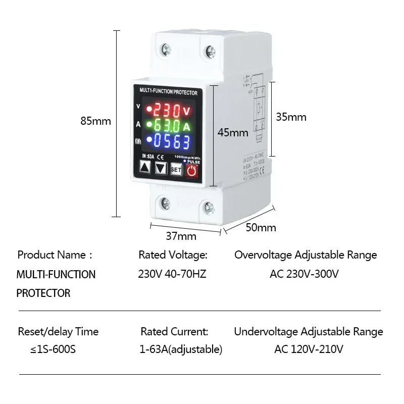 3IN1 Display Voltage Breaker 40A Adjustable Din Rail 230V 110V Over and Under Voltage Protector KWh Watt Metering Monitor Relay