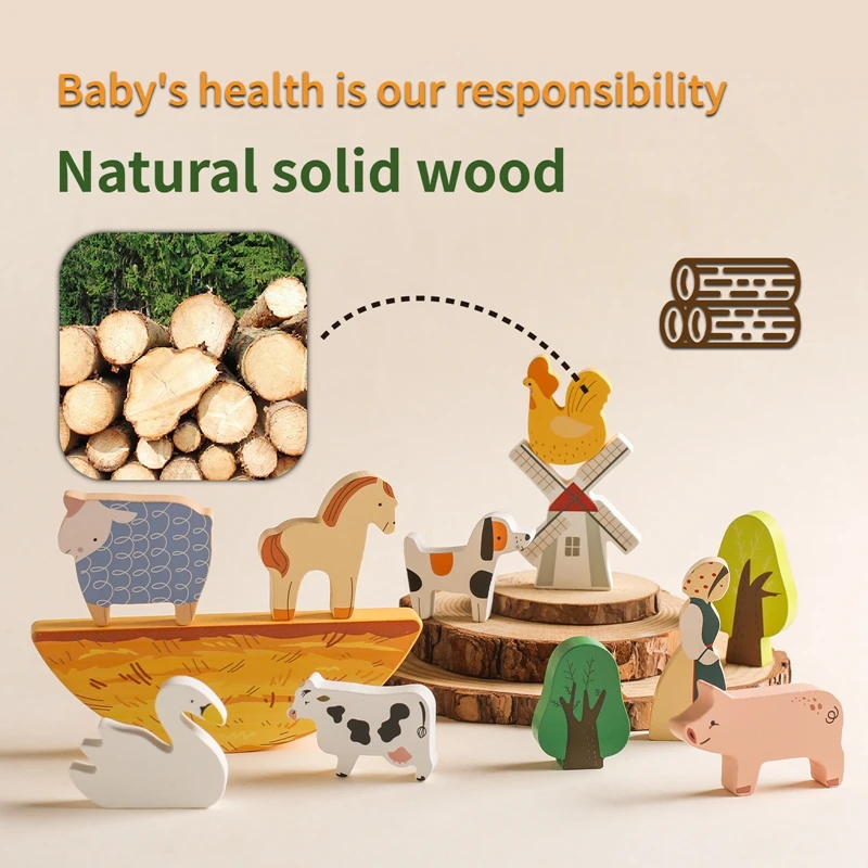 Baby Wooden Stacking Toys Building Blocks Balance Game Farm Colored Blocks Educational Puzzle Toys Montessori Toys For Kids Gift