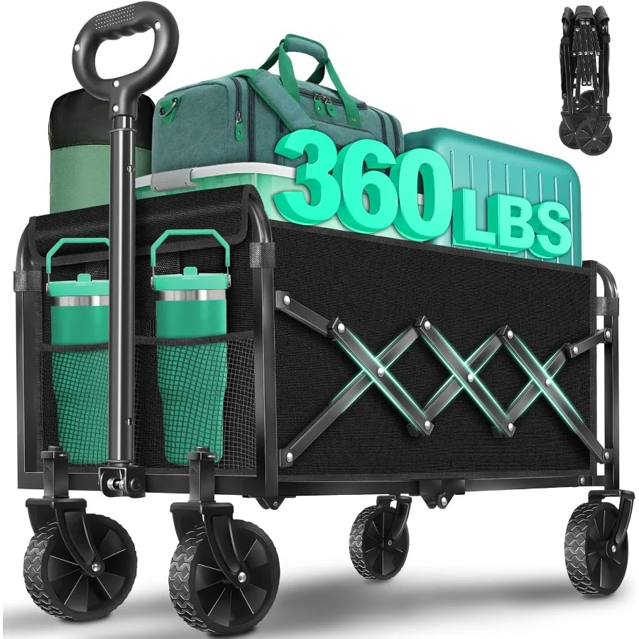 

Collapsible Wagon Cart with Wheels Foldable: 360LBS Heavy Duty Folding Utility Wagon Portable All Terrain Grocery Wagon Cart fo