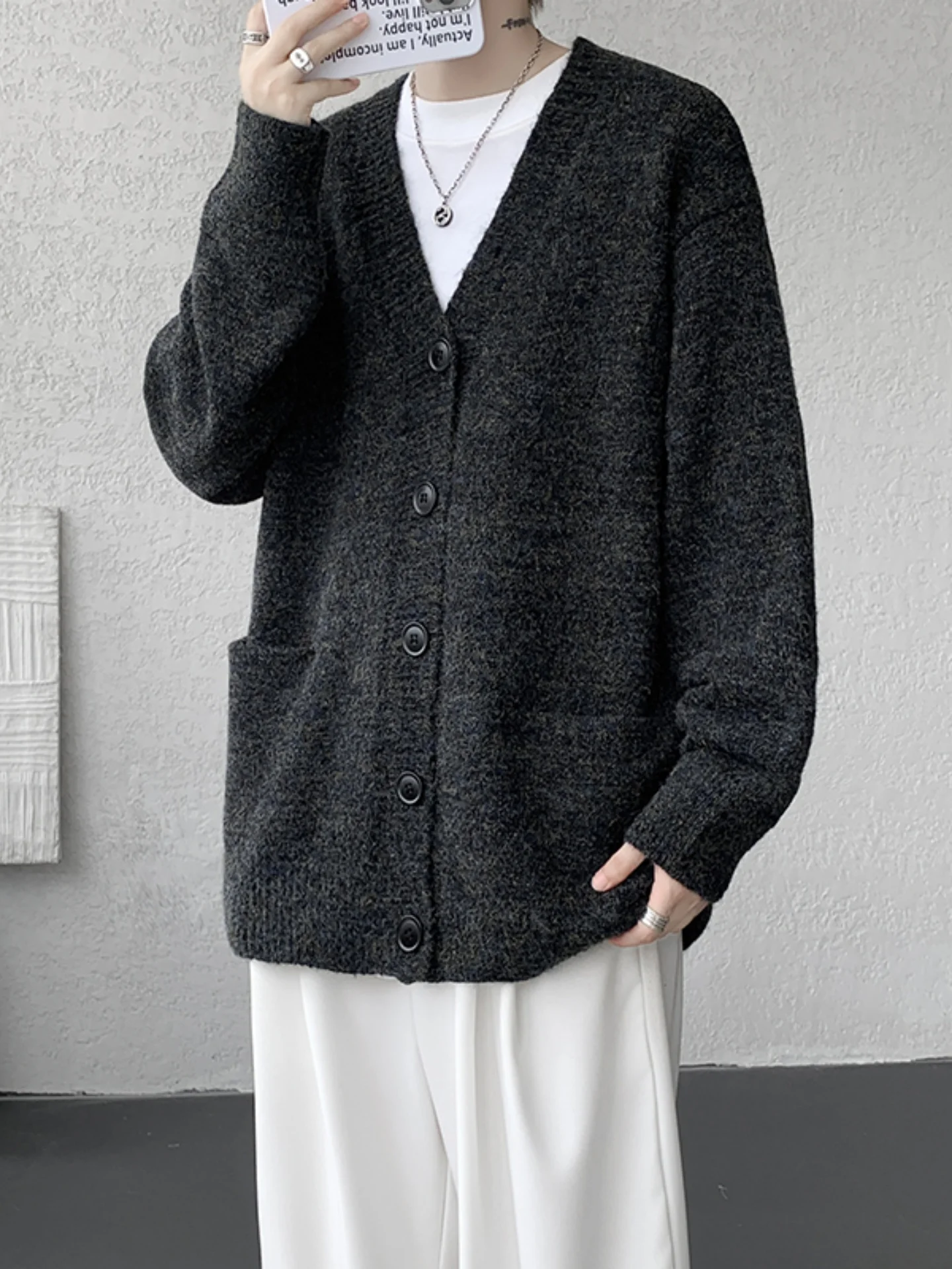 

Мужской вязаный кардиган свободного кроя с V-образным вырезом, повседневный осенний модный топ на пуговицах, мягкая удобная куртка из полиэстера