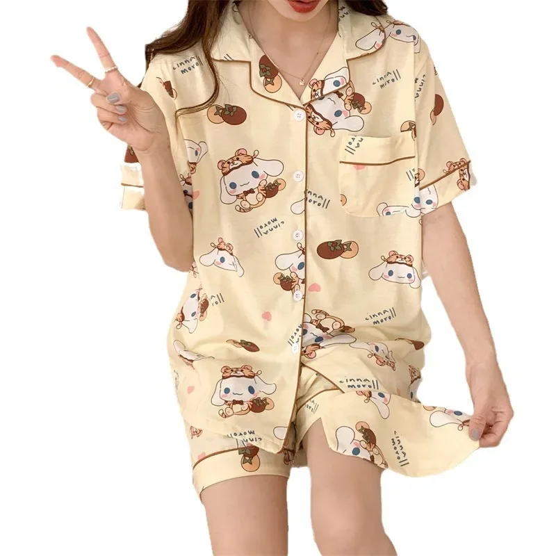 Sanrio Cinnamoroll Babycinnamoroll Summer Cotton Short Sleeve Two-Piece Set Women\'s Pajamas Silk Pajamas Women\'s Sleepwear Suit