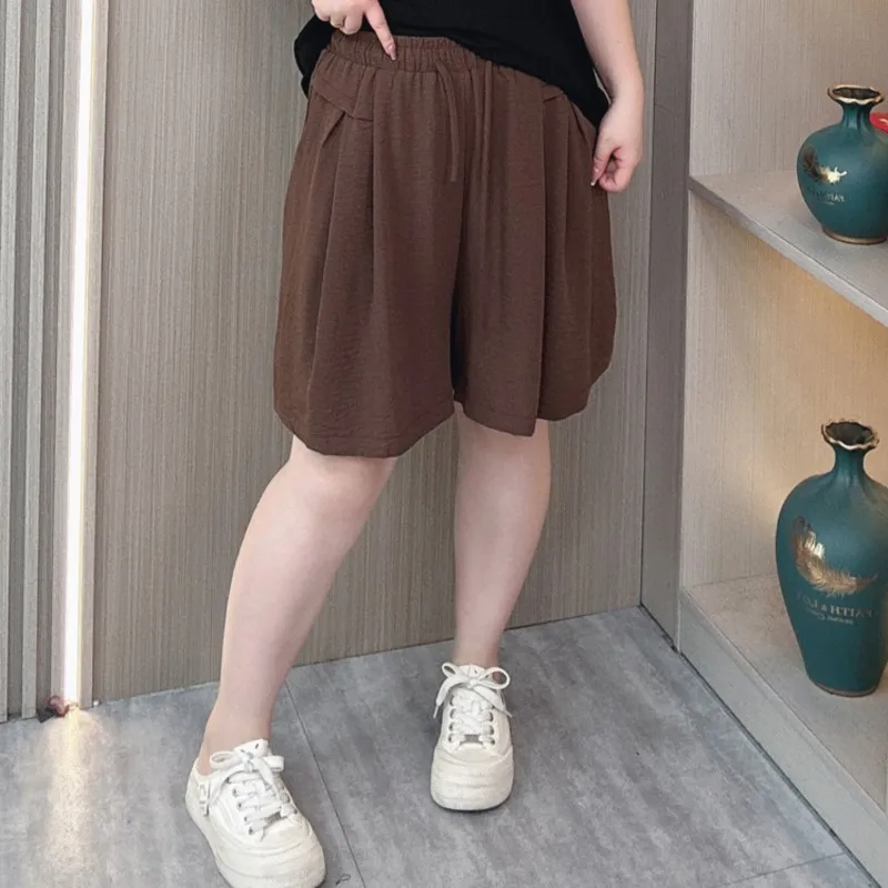 Summer Thin Ice Silk Shorts Women 2024 New Plus Size Elastic High Waist Loose Wide Leg Knee Pants