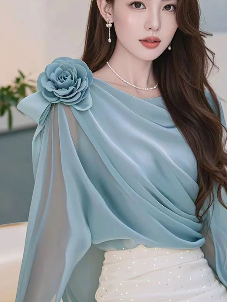 

Женская блузка из шифона, новинка Весна-Лето 2026, с 3D цветами