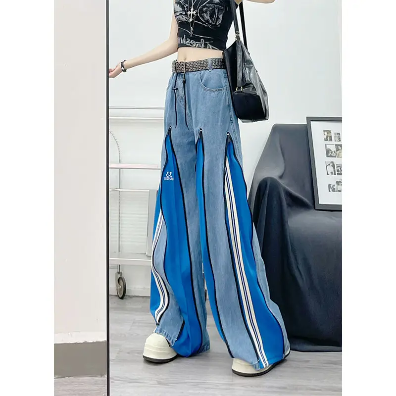 جينز نسائي متباين بربط عالي الشارع لخريف 2025 تصميم جديد بسحاب مستقيم واسع الساق