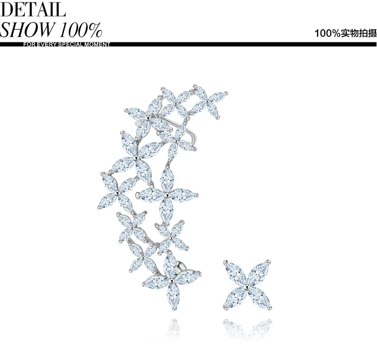 

Fashion Jewelry New Crystal from Austrian Asymmetric Creative Flower Silver Needle Ear Bone Clip Earrings For Woman