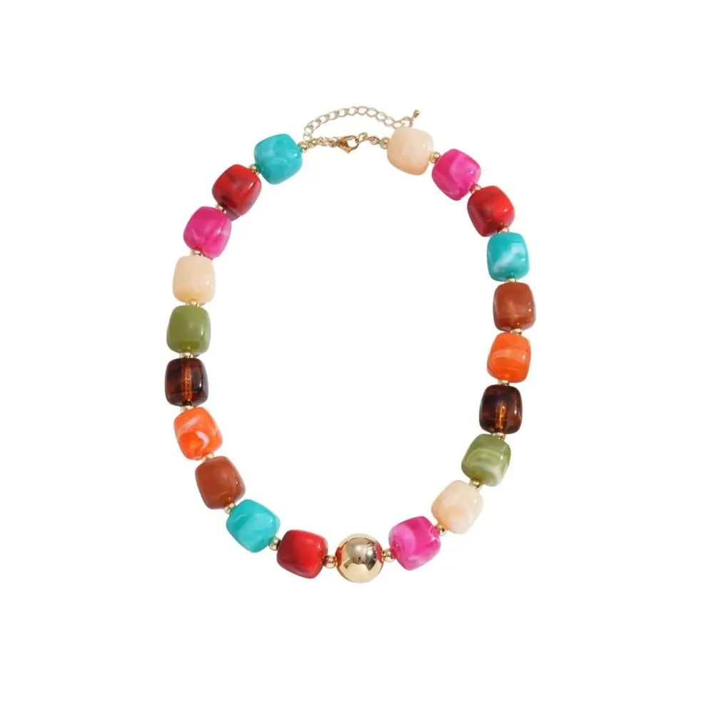 Resin Acrylic Resin Beaded Chokers Smudge Effect Irregular Shape Beaded Necklace Lightweight Multi Color Boho Necklace