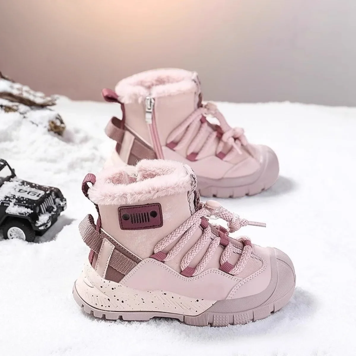 Girls Outdoor Fleece Lined Snow Boots, Toddler Warm Winter Ankle Boots with Side Zipper and Elastic Laces,Kids Boots Pink Style