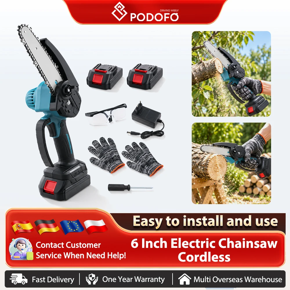Podofo, mini motosega a batteria, motosega elettrica da 6 pollici, cesoia per potatura, motosega portatile a batteria, ideale per tagliare legno, rami, per uso in giardino, in cortile e in ambito