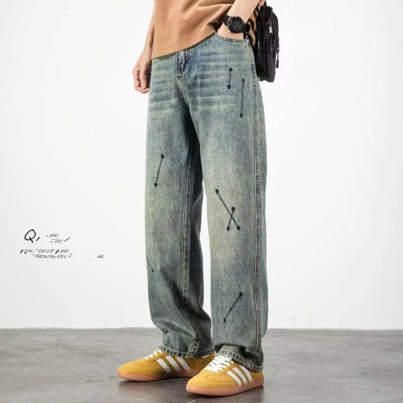 

Мужские джинсы в стиле ретро с вышивкой, модные, свободные, прямые, широкие, с эффектом драпировки, длинные брюки