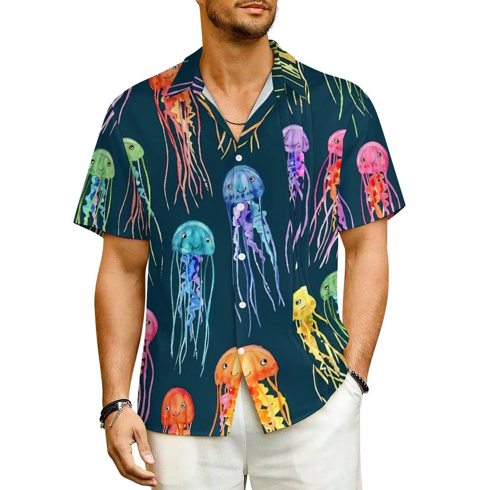 

Hawaiian Shirt Beach Watercolor Jellies Blouses Rainbow Jellyfish Elegant Casual Shirts Man Short Sleeve Harajuku Plus Size Tops