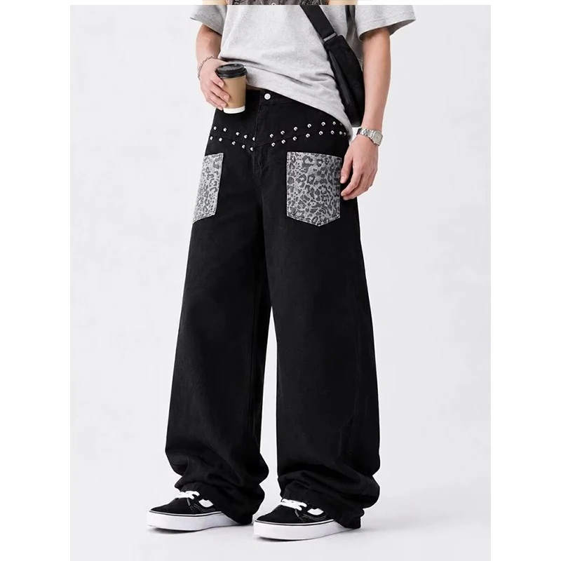 American Retro Rivet Splicing Leopard Print Wide Leg Jeans Men Street Design Sense Knife Jeans Cotton Denim Casual Jeans