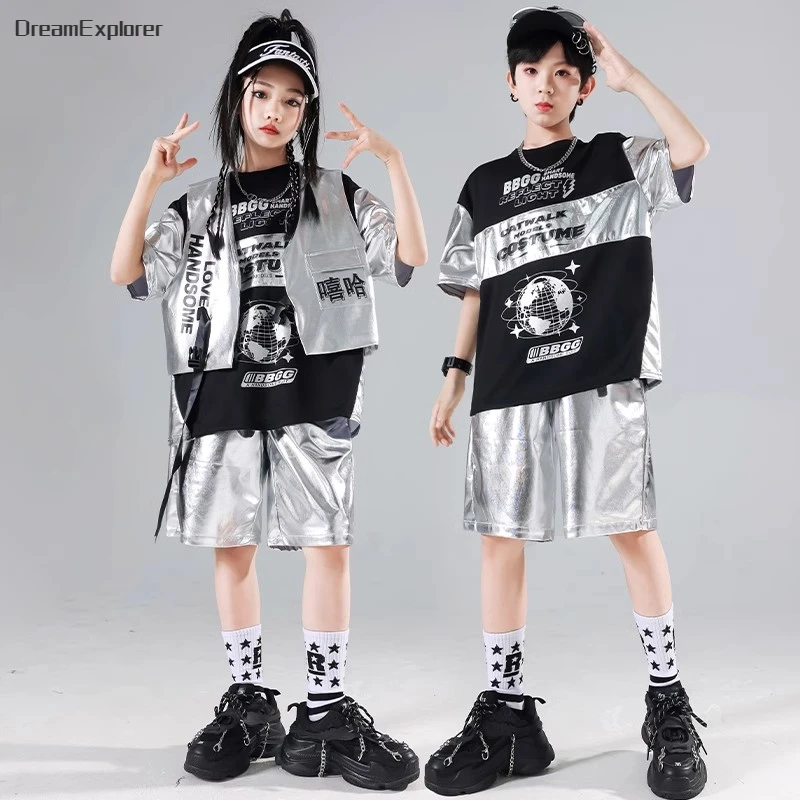 Boys Hip Hop T-shirt Silver Vest Street Dance Shiny Cargo Pants Girls Cool Leather Shorts Kids Jazz Clothes Set Child Streetwear