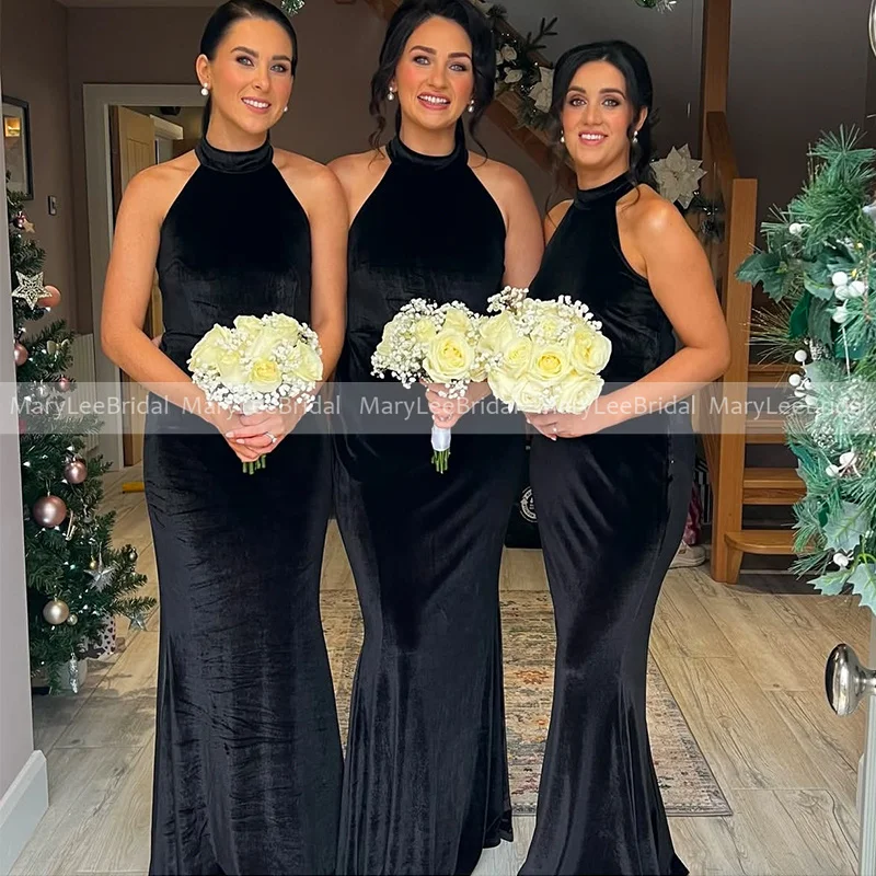 

Черные велюровые платья подружки невесты по индивидуальному заказу, платье русалки без рукавов с бретелькой на шее, свадебное платье для гостей, свадебные платья, robes de soirée