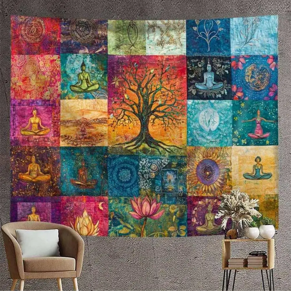 VIKAMA Tree of Life Meditation Collage Tapestry Bohemian Yoga Zen Wall Hanging for Bedroom Yoga Studio Homestay Decor