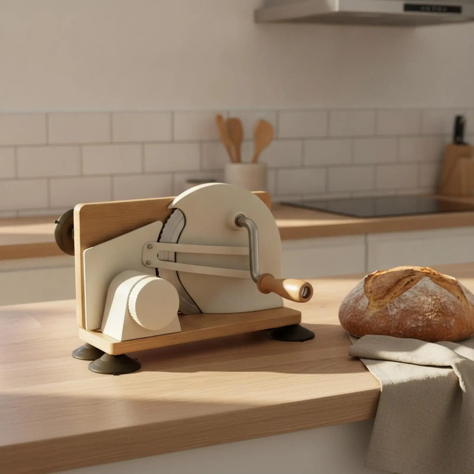 Wooden Base Bread Slicer Hand Operated Adjustable Thickness Control with Metal Housing for Kitchen Countertop Prep