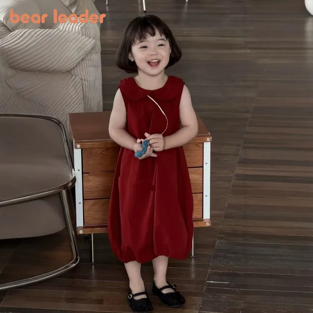 

Bear Leader Red Children's Clothing Korean Version Solid Color Retro Doll Collar Girls Dresses Summer New Sleeveless Vest Dress