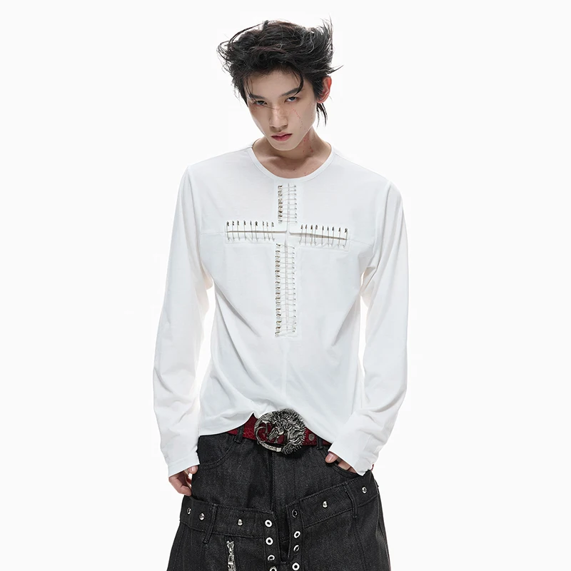 LUZHEN 2026 Spring New Original Personalized Metal Pin Patchwork Design Long Sleeve T-shirt Men's Trendy Solid Color Tops JY6382