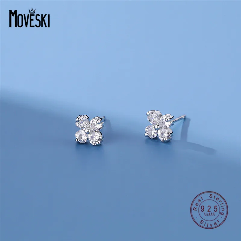 

MOVESKI 925 Sterling Silver Japanese Four Petals Zircon Flower Stud Earrings Women Simple Small Fresh Banquet Jewelry