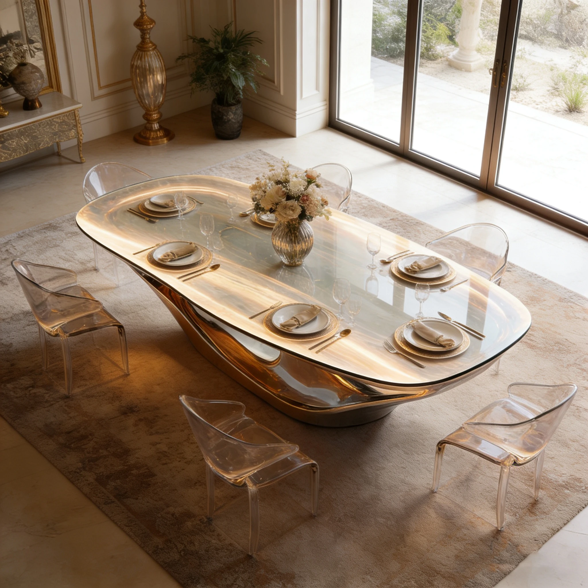 S*-Luxury Gilded Fiberglass Home Dining Table Artistic Irregular Wood-Like Tabletop Villa Hotel