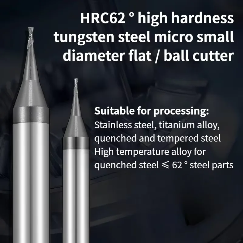 HRC62° Micro Ball/Flat End Mill R0.1-R0.45 D0.2-D0.9 Tungsten Carbide 4mm Shank 50 length Mirco Milling Cutter CNC Engraving Bit