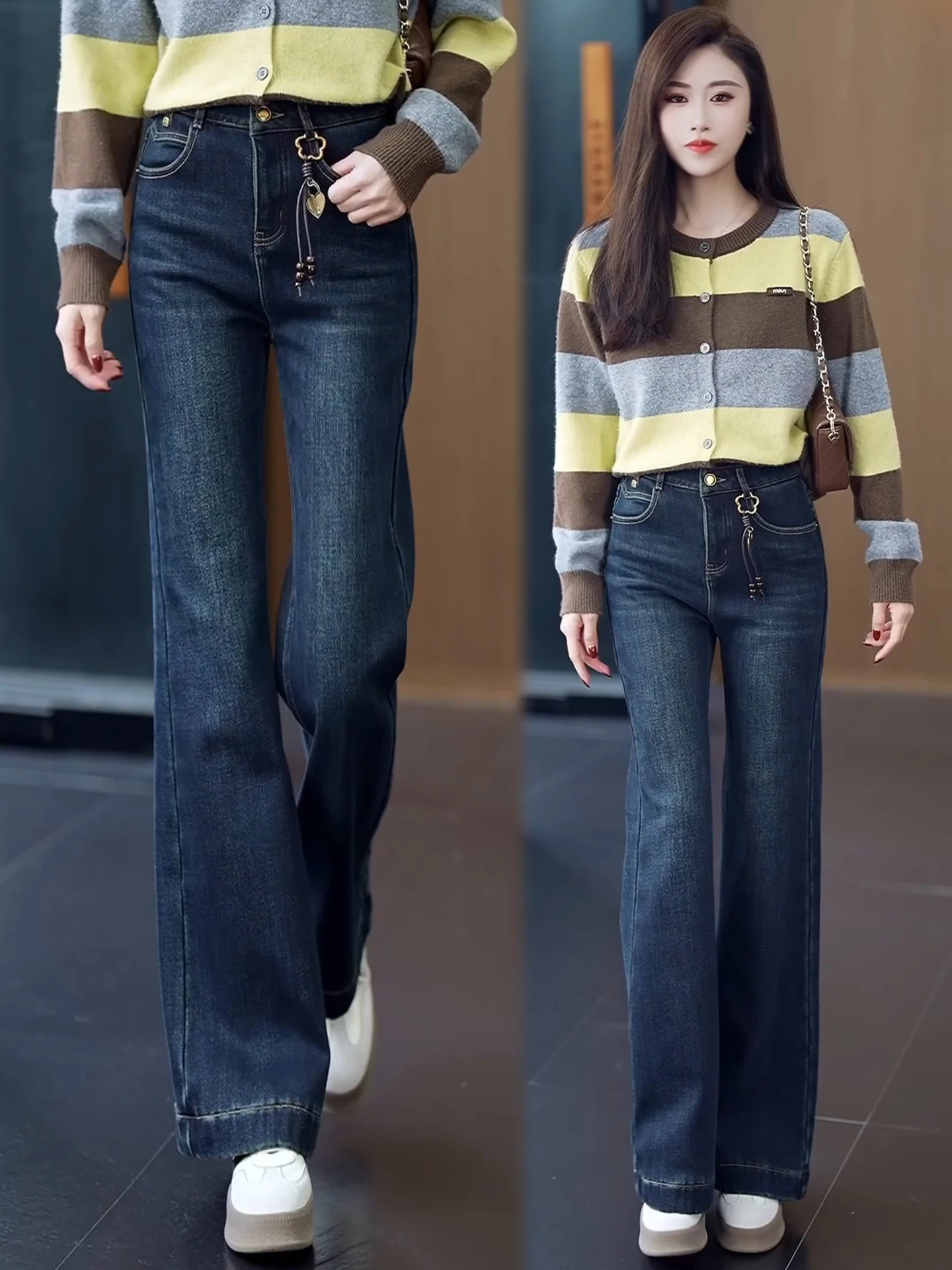 

Утепленные флисовые женские джинсы-клеш с высокой талией, прямые, слегка расклешенные, из хлопкового денима, для повседневной носки