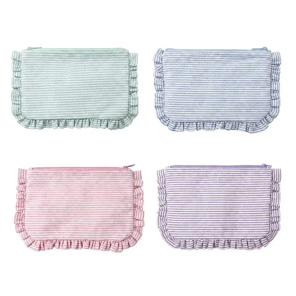 Durable Ruffle Striped Makeup Bag Large Capacity Portable Cosmetic Pouch Storage Bag Home&Travel