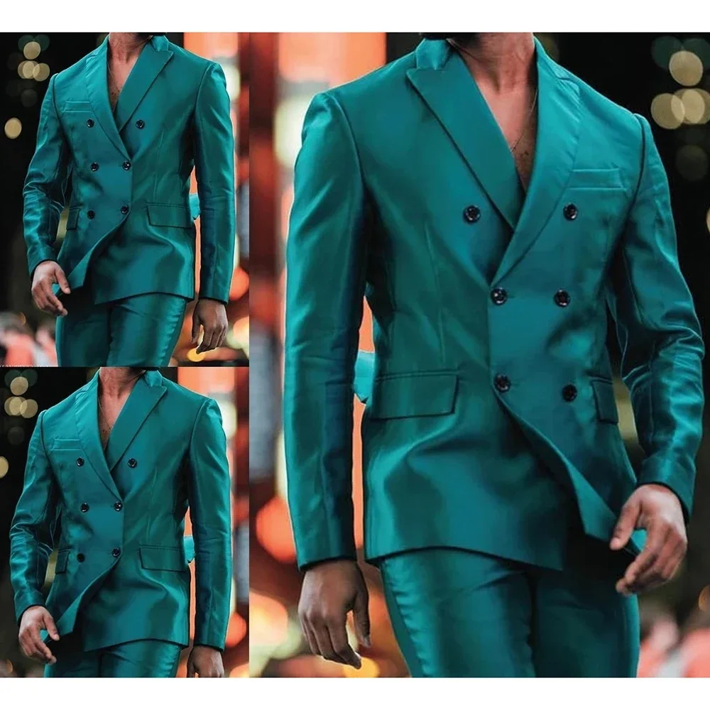 

Customized Green Men Suits Double Breasted Peak Lapel 2 Piece Blazer Pants Set Leisure Outfits Loose Prom Party Clothing Terno