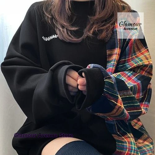 

Korean style round neck plaid splicing letter printing pullover sweater women's spring and autumn loose fashion design top