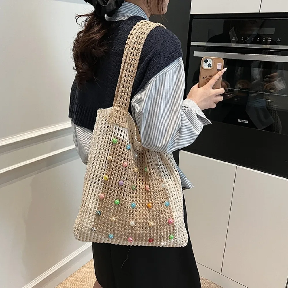 

Colorful Knitting Shoulder Bag Large Capacity Beaded Decoration Bohemian Crochet Tote Bag Versatile Hollow Out