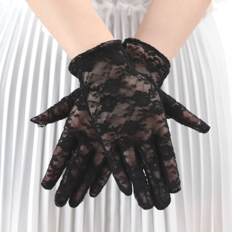 Women Lace Short Tulle Black Summer Uv-proof Driving Gloves Female Thin Fishnet Mesh Gloves Fashion Full Finger Mittens