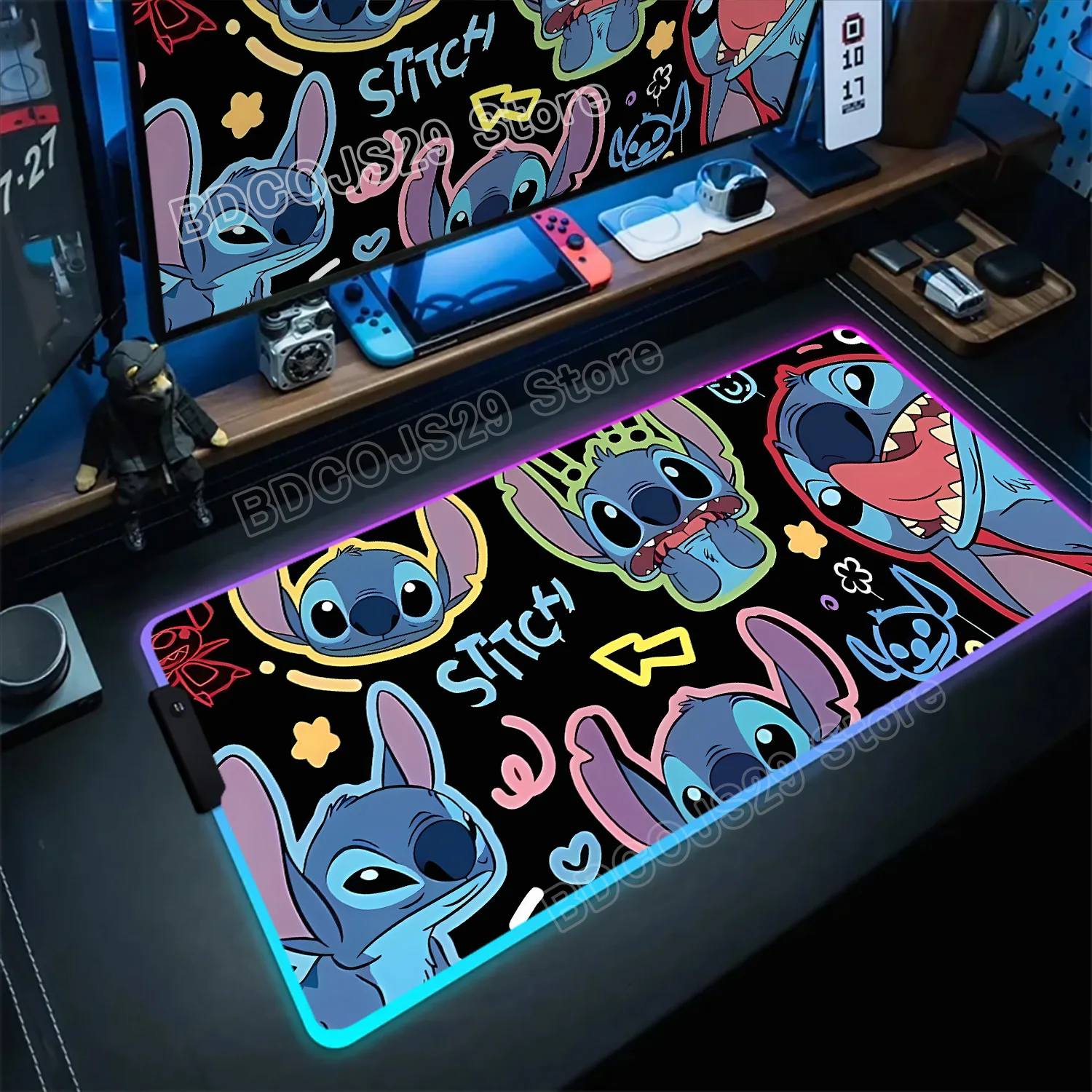 RGB Glowing Mat Cute Anime Cartoon Stitch Mousepad HD Computer Gamer Locking Edge Non-slip Mouse Mat Office Large XXL Mouse Pad