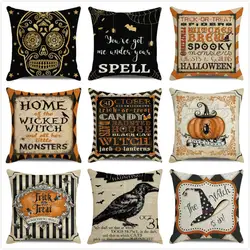 2022 Halloween Fall Cushion Cover Linen Pillowcase Trick or Treat Farmhouse Decor Home Throw Pillow Covers for Couch Decorations