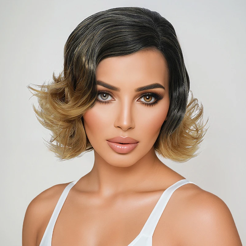 باروكة بمزاج أوروبي وأمريكي، باروكة شعر قصيرة مجعدة متدرجة للسيدات من الألياف الاصطناعية