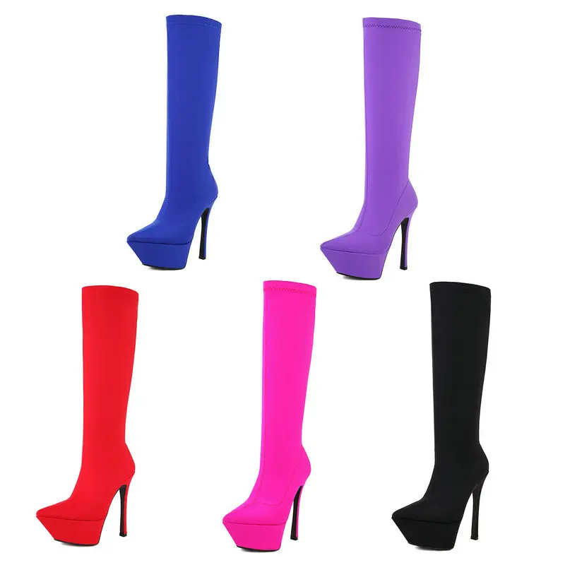 Blue Purple Rose Red Black Women Knee High Boots Platform Thin High Heel Ladies Stretch Boots Elastic Fabric Pointed Toe Shoes