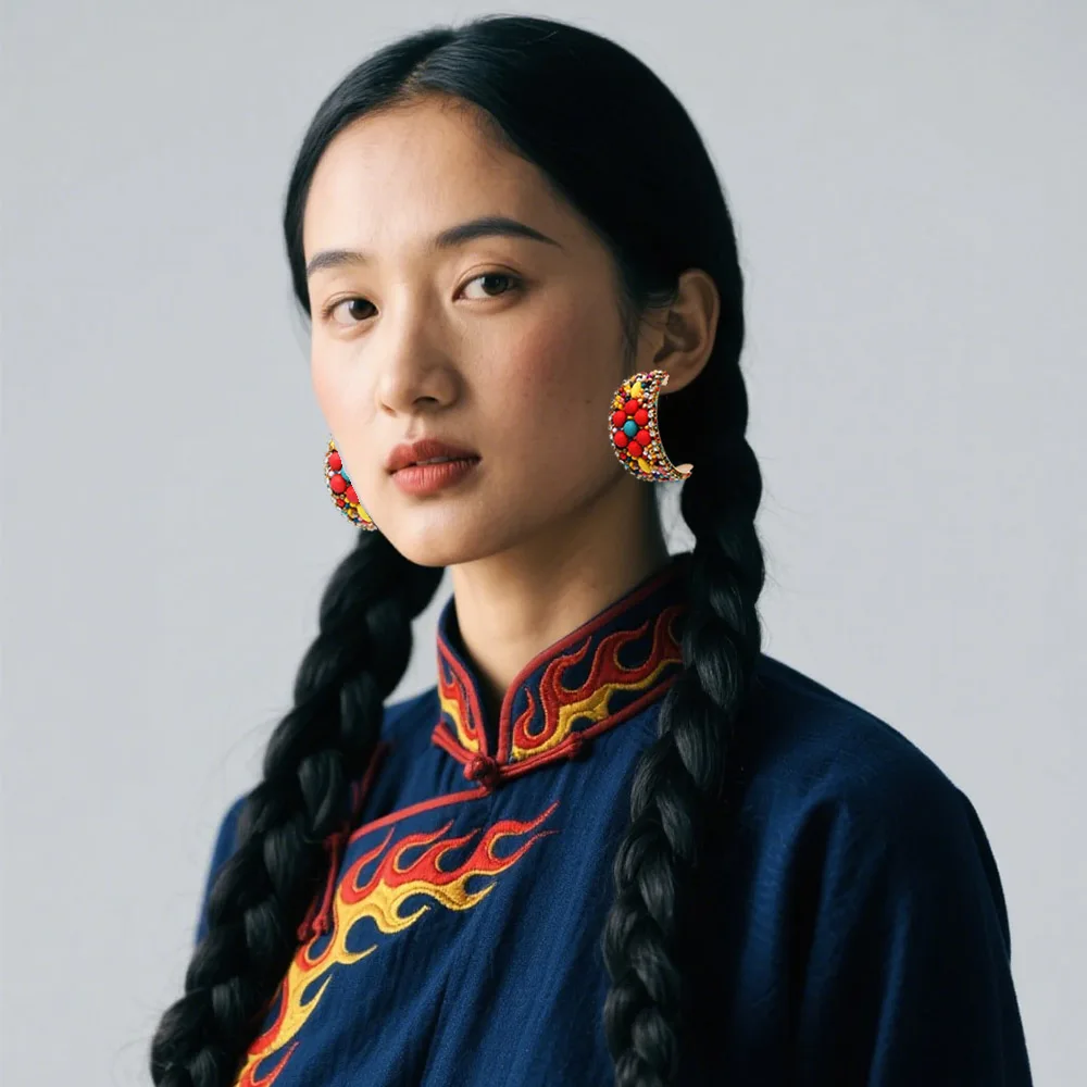 البوهيمي اليدوية الأقراط واسعة الفيروز زهرة البذور حبة حجر الراين مجوهرات الإناث العرقية القبلية العربية التركية الغجر الإكسسوار