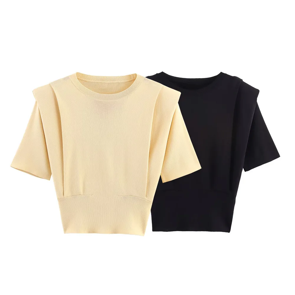 

Autumn women's knitted sweater, casual style shoulder pad shirt, round neck short sleeved knitted sweater top