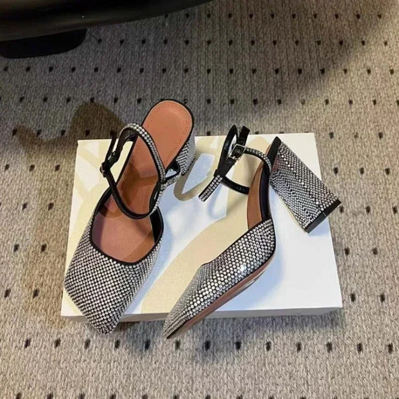 

New Handmade Rhinestone Mary Jane Fashion Sandals Women Summer Square Toe Thick Heel Shopping Commuting Temperament High Heels