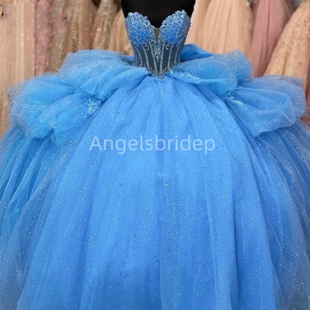 Angelsbridep ที่กําหนดเอง Sparkly คริสตัล Blue Ball Gown Quinceanera ชุด 2025 วันเกิด Party Vestidos De 15 ปี