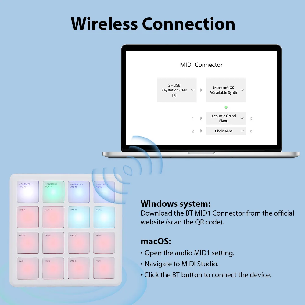 M-VAVE MIDI Controller Pad 16 Velocity Sensitive RGB Backlight Pads BT Connection Professional Keyboard Controller for Beginners