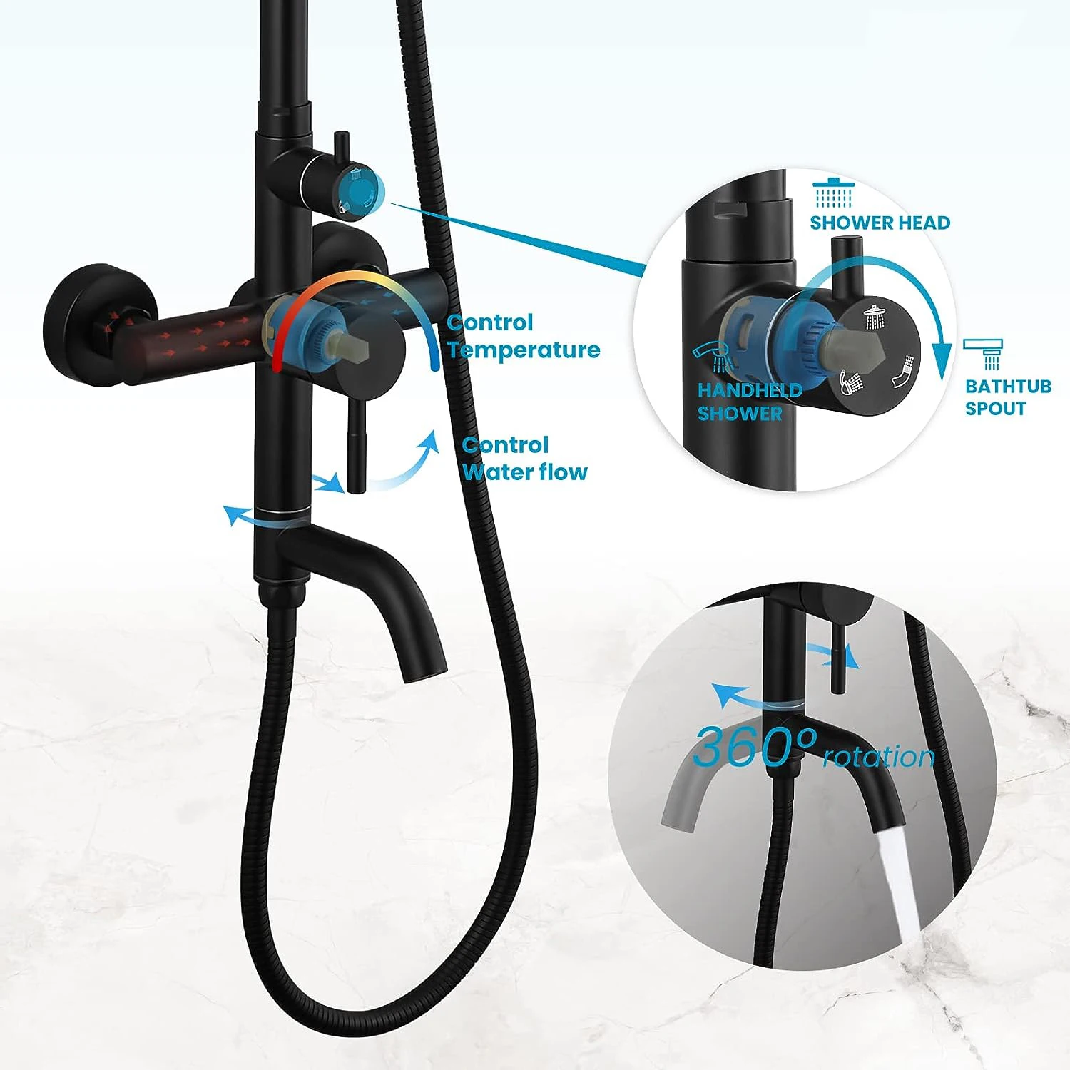 Set di rubinetti per doccia KEMAIDI nero opaco tripla funzione con spruzzatore manuale regolabile e beccuccio per vasca da bagno esterno apparecchio per doccia