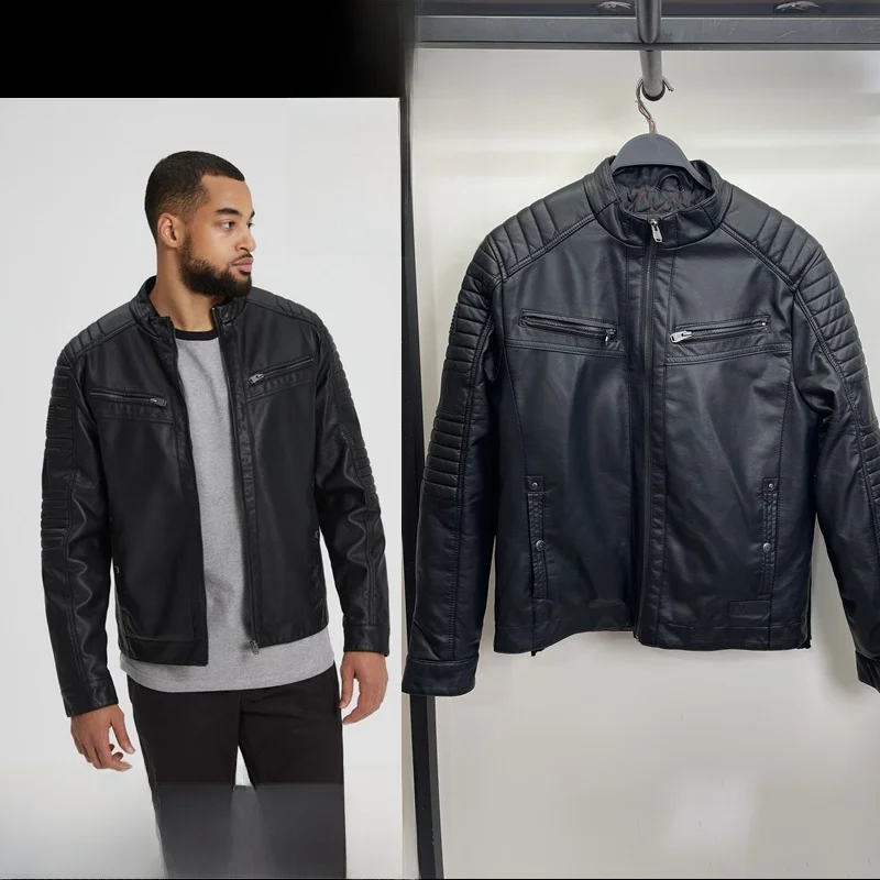 

Men's Faion ort PU Leather Jaet Motorcycle Sle Fake Leather Stand Collar Slim Fit Windproof Autumn Outerwear Coat