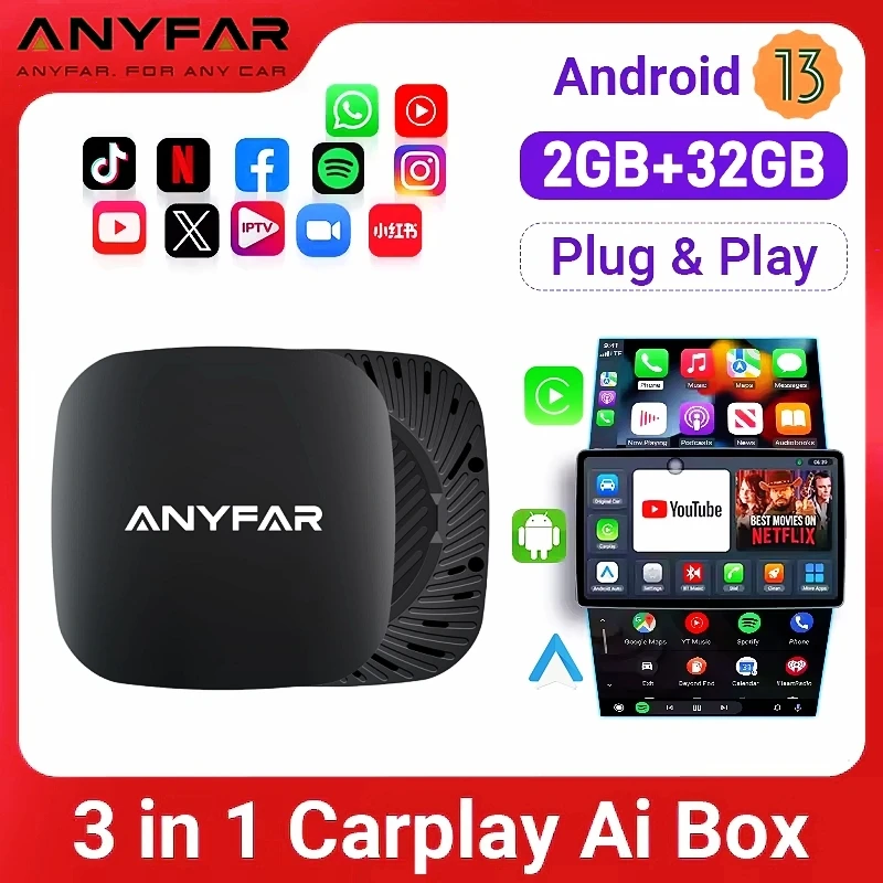 Boîte Android 13 Ai avec adaptateur CarPlay filaire vers sans fil, Android Auto, WiFi pour Youtube Nexflit, voitures, boîte intelligente Ai avec Play Store intégré