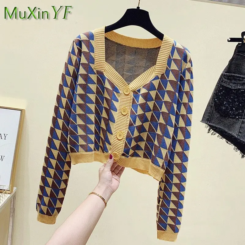 

Women's Spring and Autumn New Diamond Square Neck Cardigan Coat Korean Fashion Chic Long Sleeve Knit Sweater Top Female Clothes