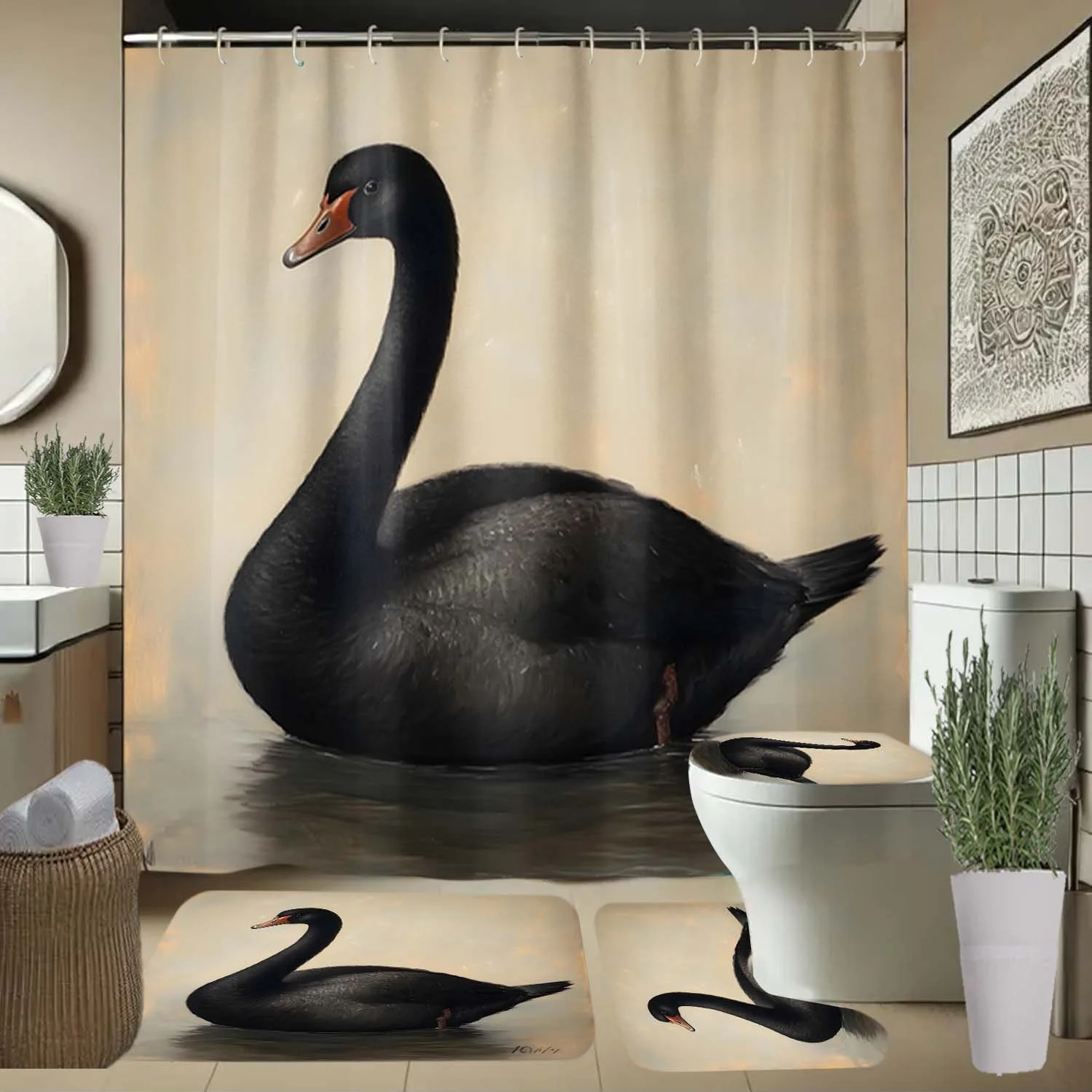 

Элегантный комплект занавесок для душа «Черный лебедь» с крючками — стильный декор для ванной комнаты, полиэстер, который можно стирать в машине, всесезонный аксессуар для дома