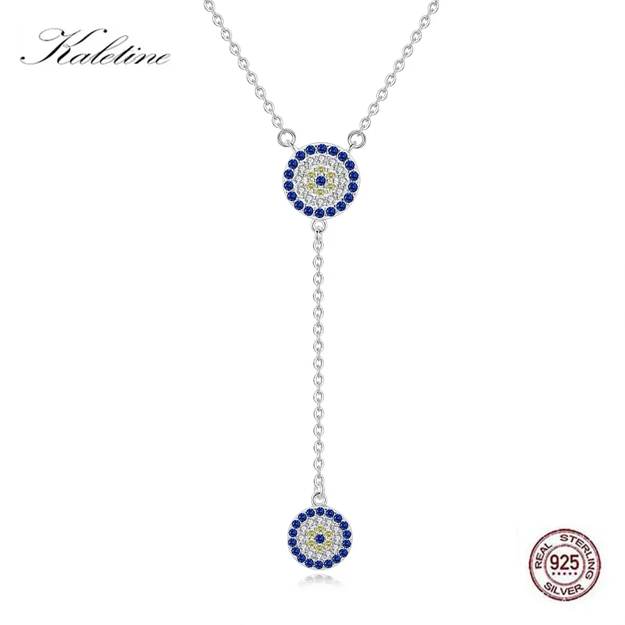 KALETINE 100% 925 Sterling Silver Necklace Women Luck Round Pendant Evil Eye Necklaces Blue Zircon Long Link Fashion Jewelry