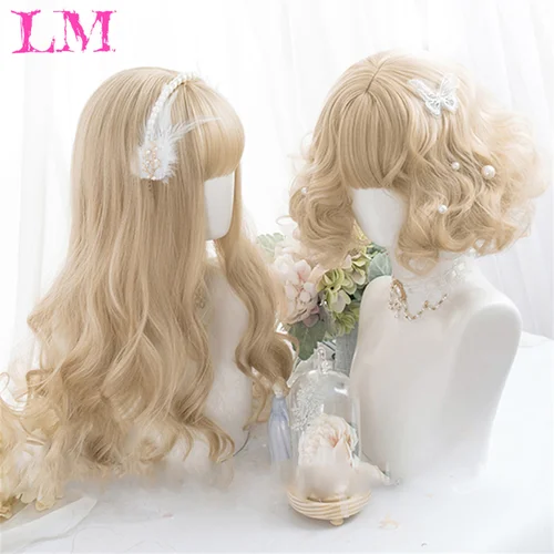LM-Peluca de cabello sintético para mujer, postizo corto y rizado con flequillo, color rubio, dorado, Lolita, fiesta diaria, Cosplay, resistente al calor