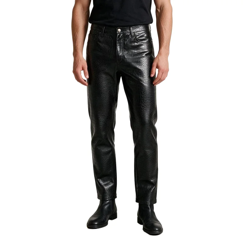 Men's Crocodile Embossed Leather Pants Fashion Punk Style PU Biker Trousers Windproof Waterproof Motorcycle Rider Bottoms